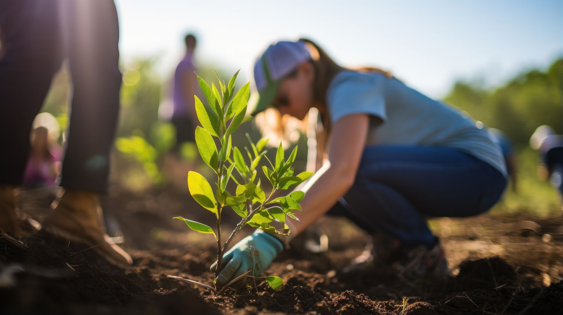 Una mujer está plantando un pequeño árbol en la tierra.