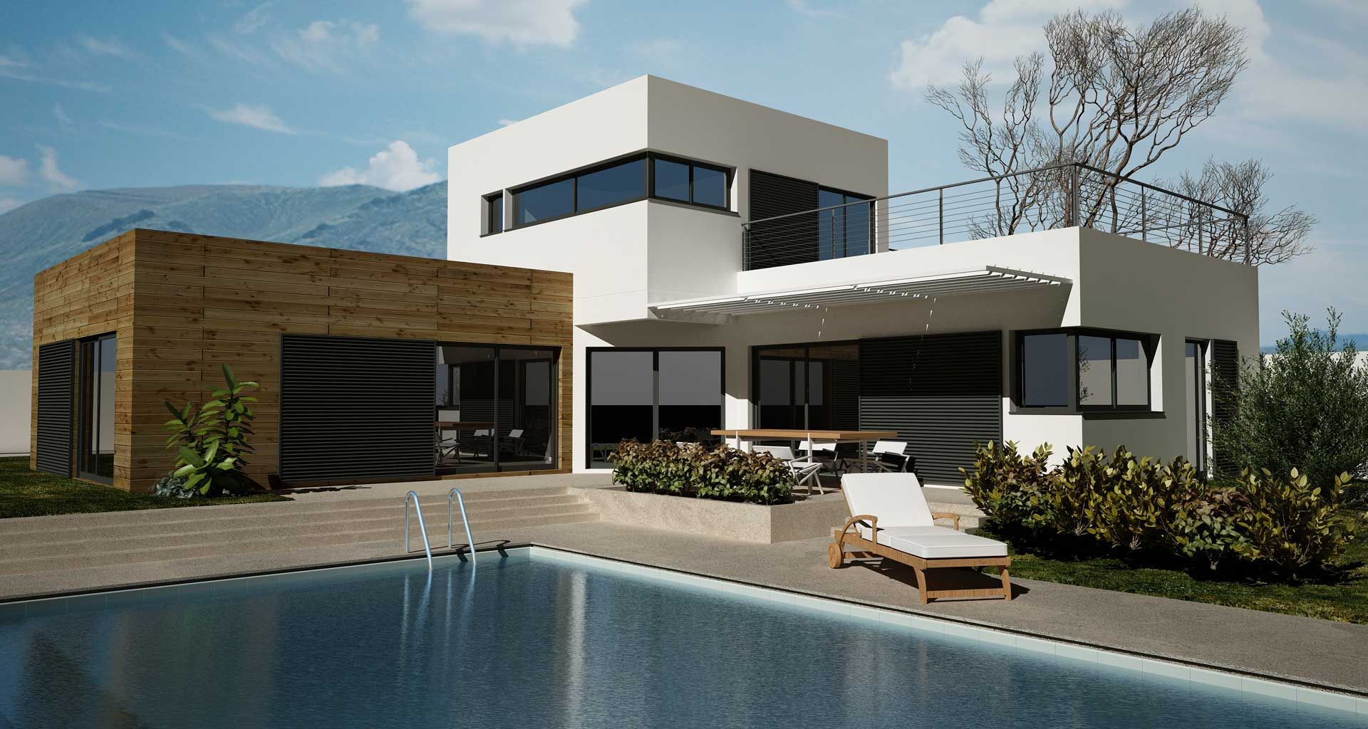 Une villa avec piscine aux toits plats et toit-terrasse