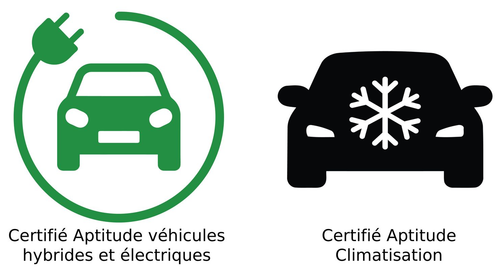 Logo des certifications Véhicule électriques et climatisation.