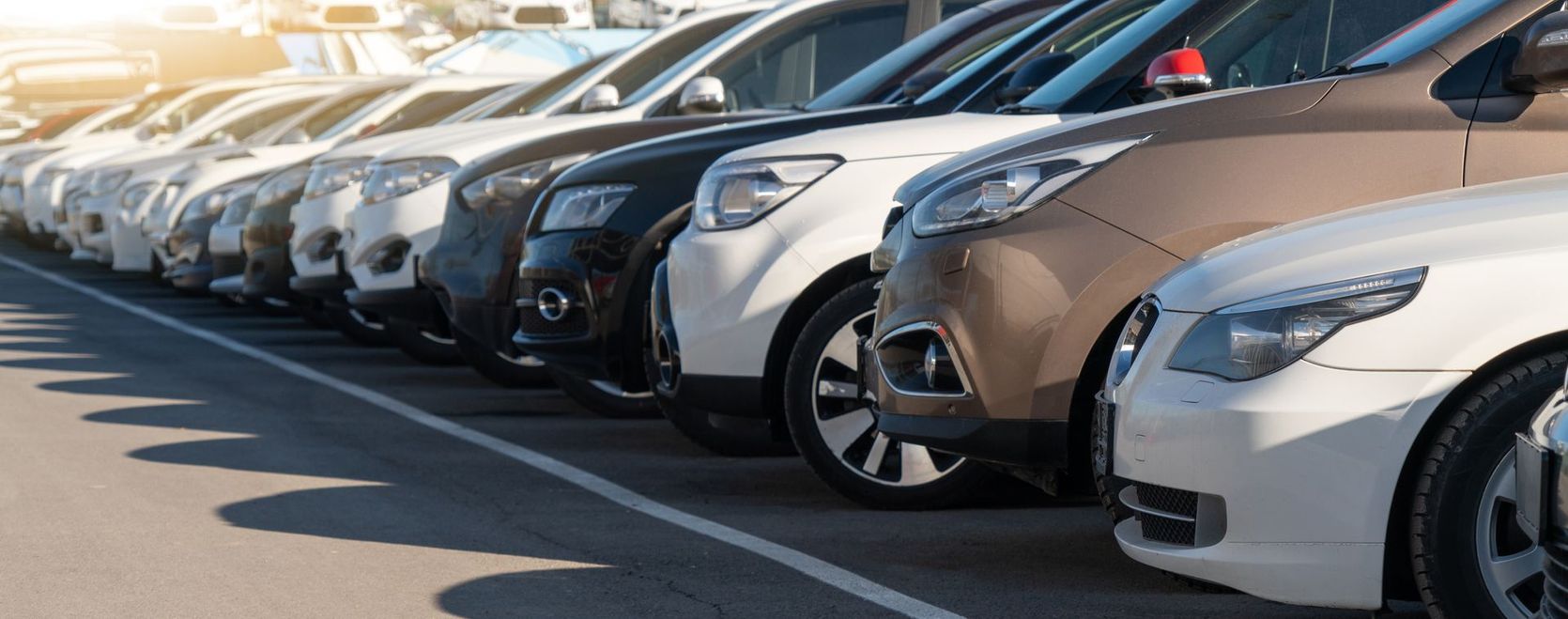 Rangée de voitures garées sur le parking d'une concession automobile, avec des véhicules argentés et blancs baignés de soleil.