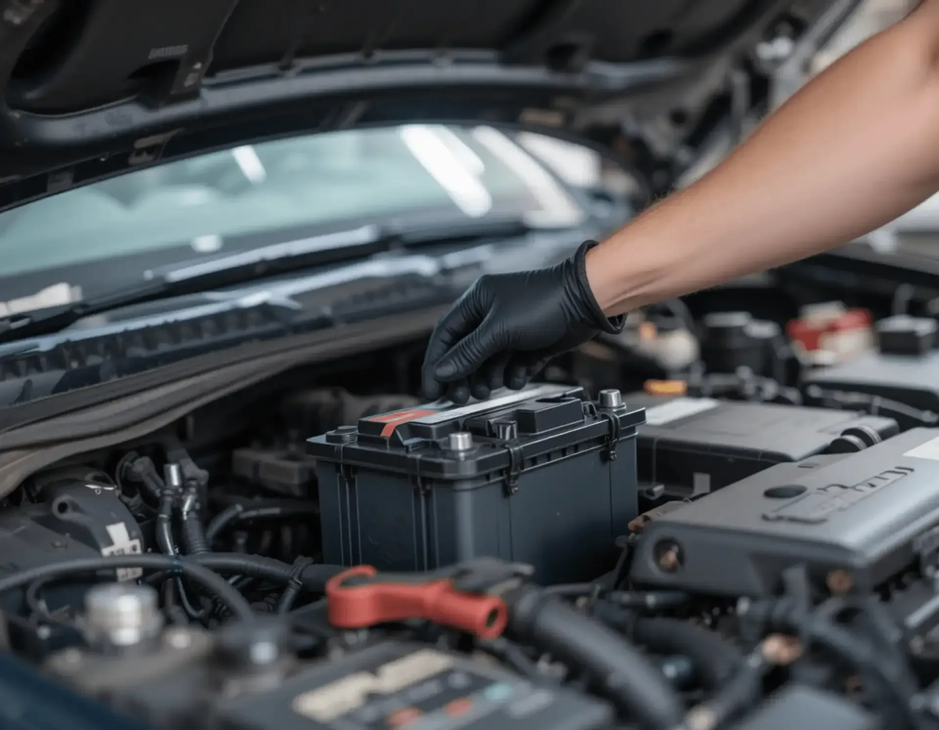 Mano enguantada colocando la batería del automóvil en el compartimiento del motor.