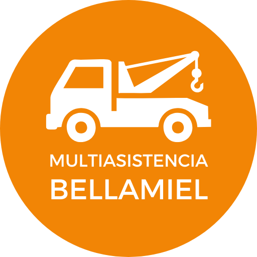 Ícono de grúa blanca con texto "MULTIASISTENCIA BELLAMIEL" sobre un círculo naranja.