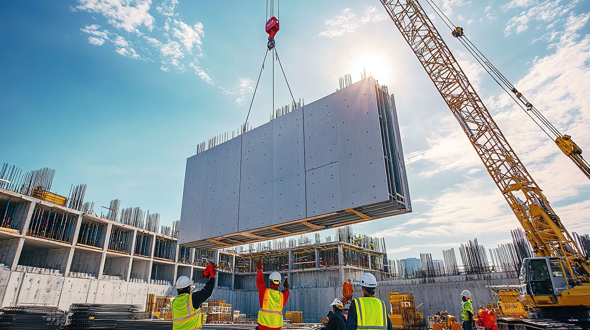 Eine Baustelle mit einem Kran, der ein grosses Stück Beton anhebt.