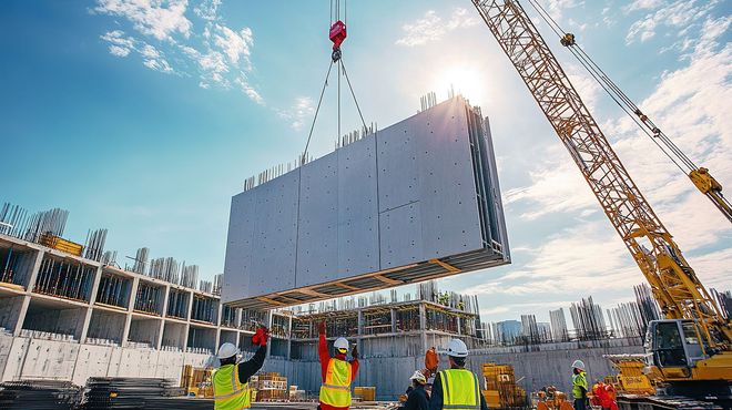 Eine Baustelle mit einem Kran, der ein grosses Stück Beton anhebt.