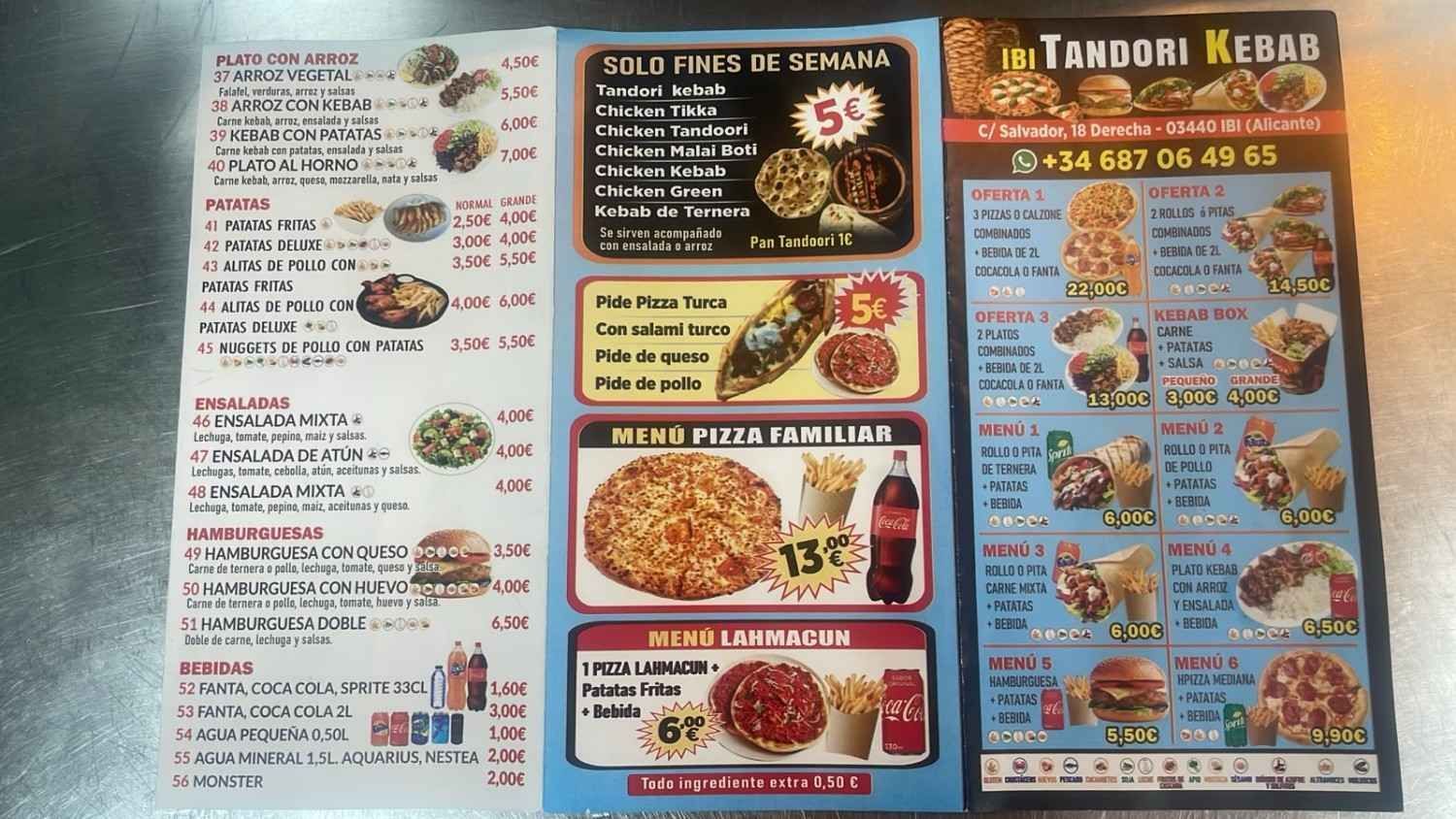 Menús de restaurantes con fotos de la comida, precios y texto en español en secciones blancas, marrones y azules.