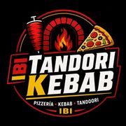 Logotipo de IBI Tandoori Kebab con horno de pizza rojo, brocheta de kebab y porci&oacute;n de pizza sobre fondo negro.
