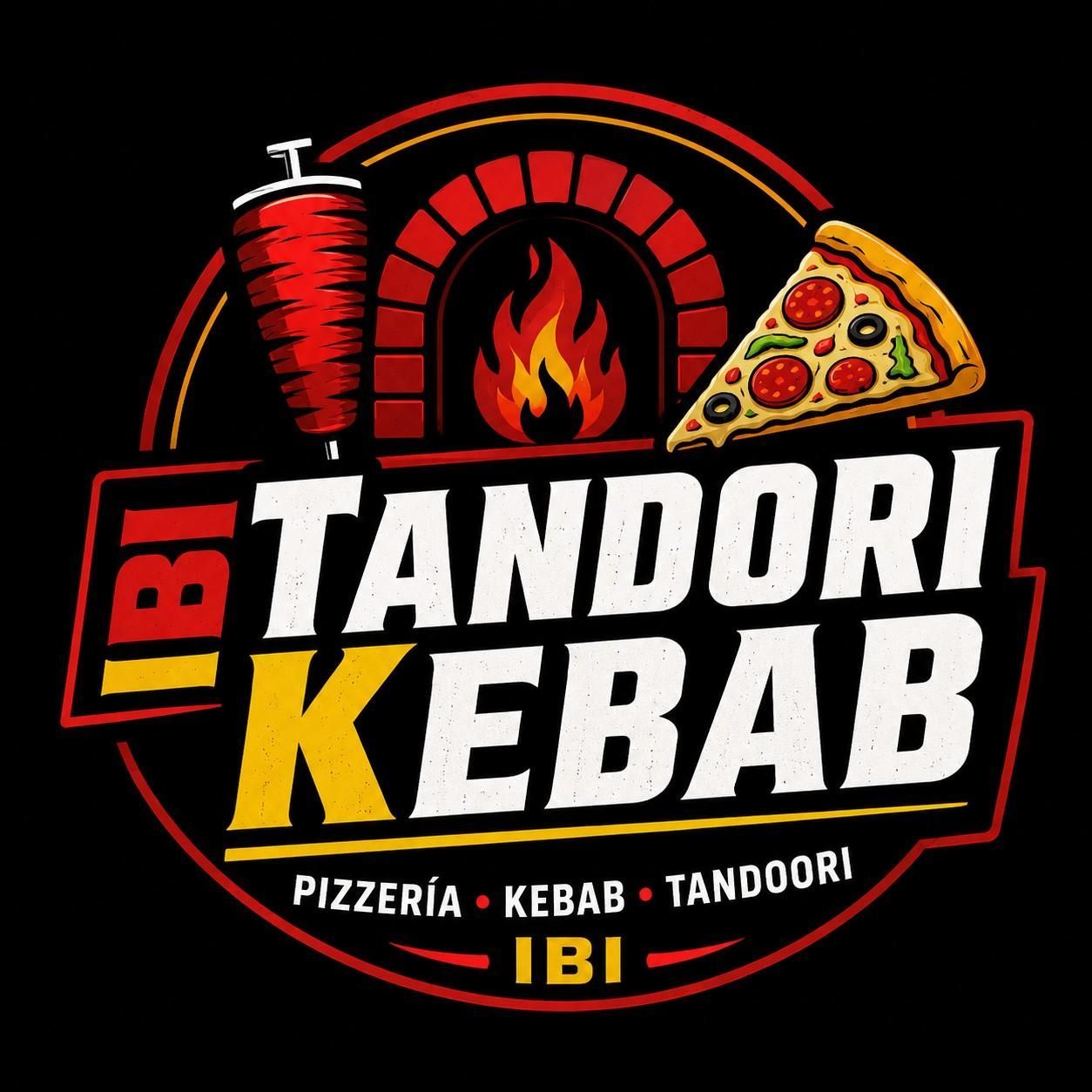 Logotipo de IBI Tandoori Kebab con horno de pizza rojo, brocheta de kebab y porción de pizza sobre fondo negro.