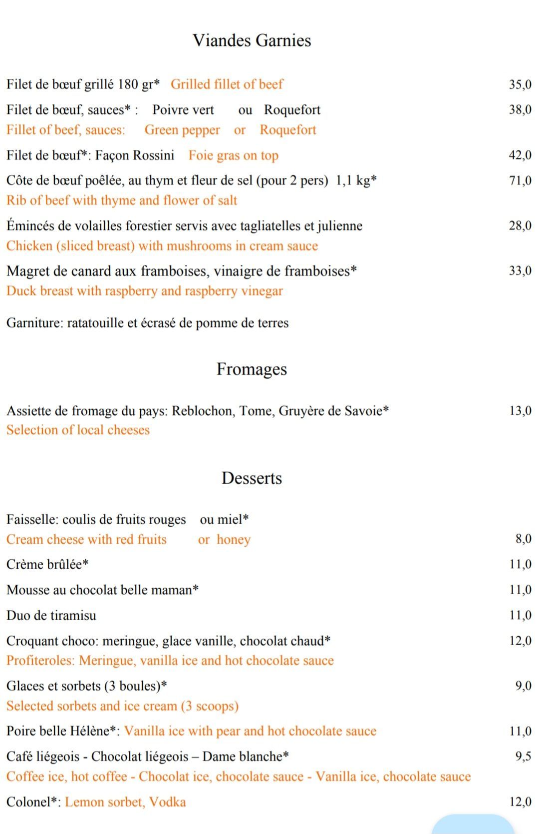 Menu du restaurant (Plats, fromages, desserts)
