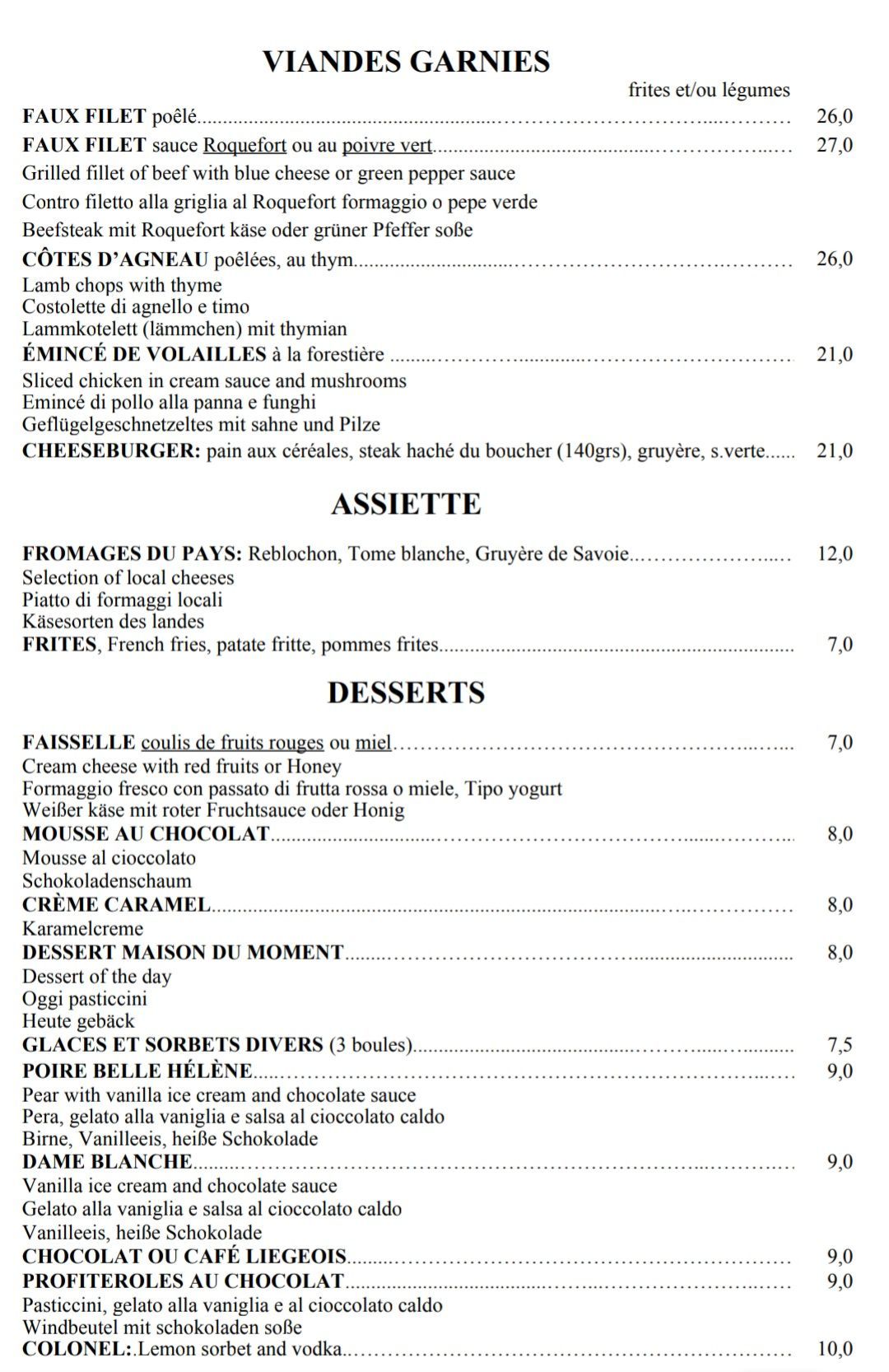 Menu du restaurant (Plats, fromages, desserts)