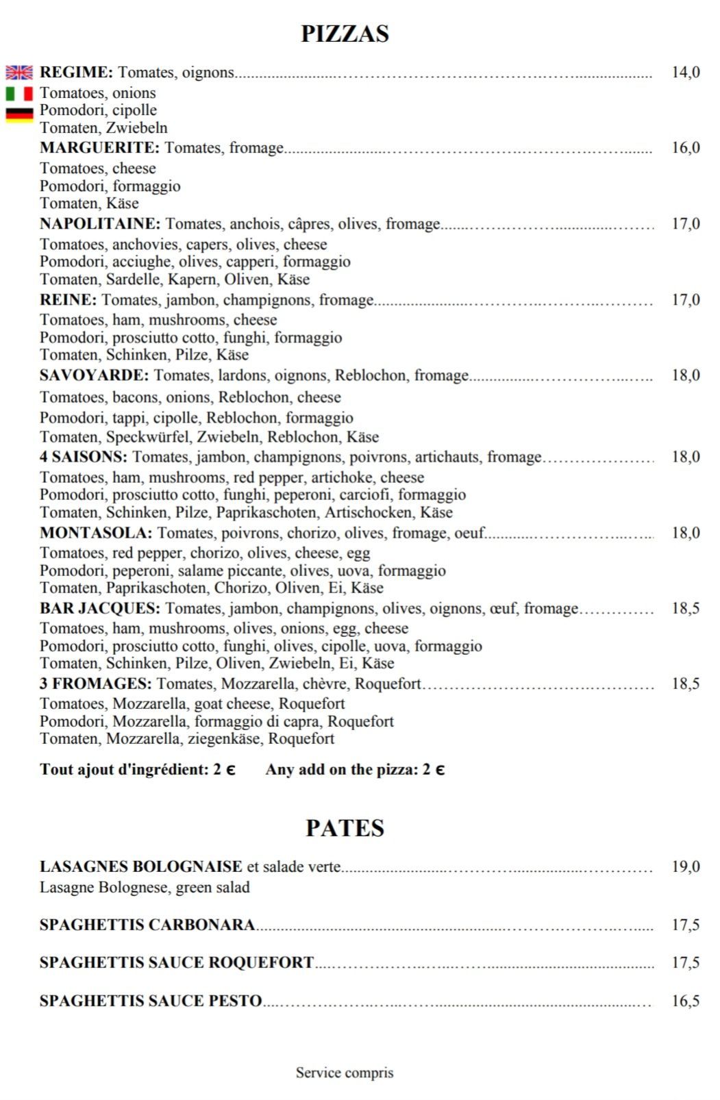 Menu du restaurant
