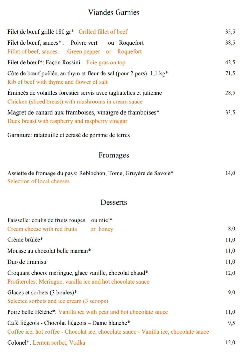 Menu du restaurant (Plats, fromages, desserts)