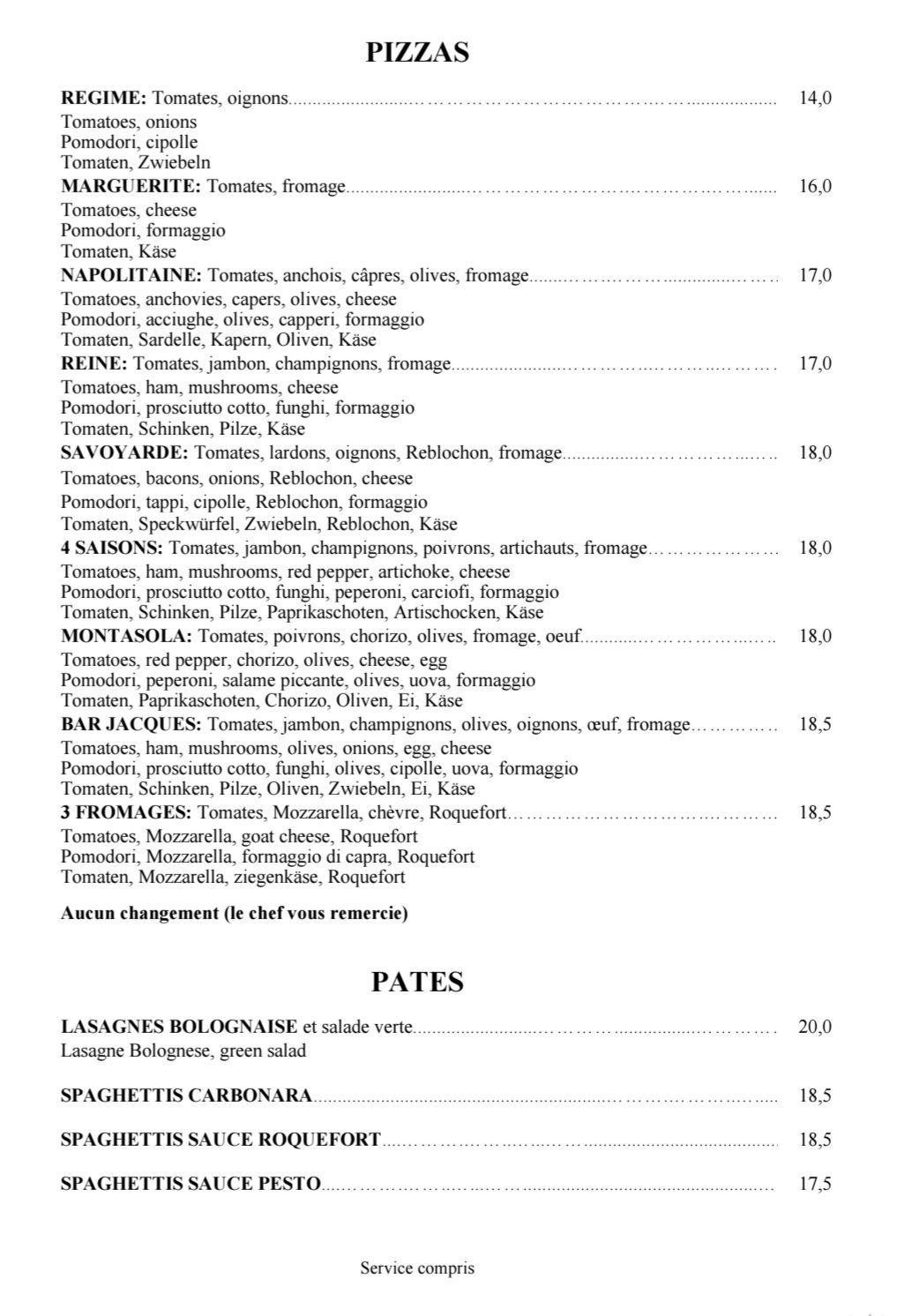 Menu du restaurant (Plats, fromages, desserts)