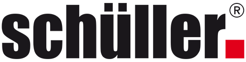 Schüller-Logo in Schwarz mit rotem Quadratakzent auf weißem Hintergrund