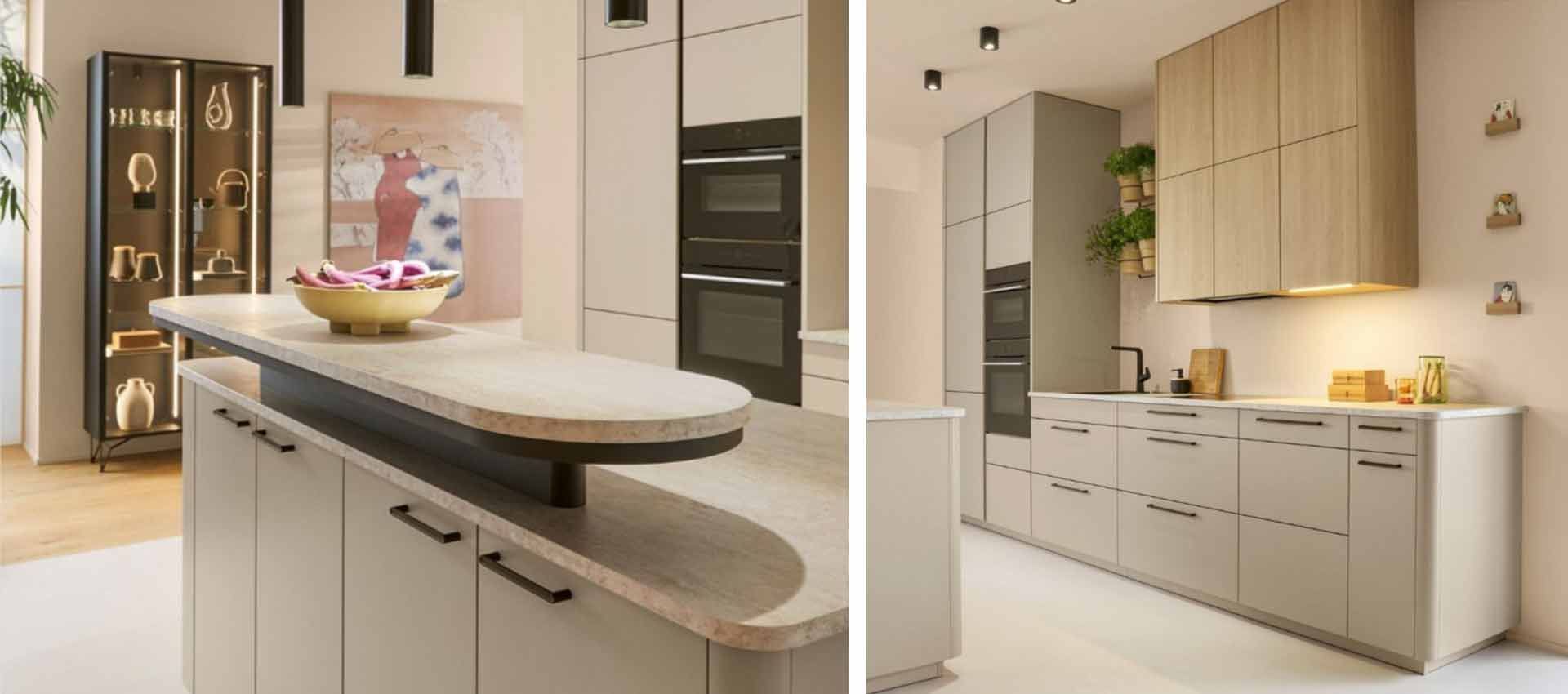 Moderne beige Küche mit Kochinsel, Einbaubackofen und eleganten Schränken in einem hellen Interieur.