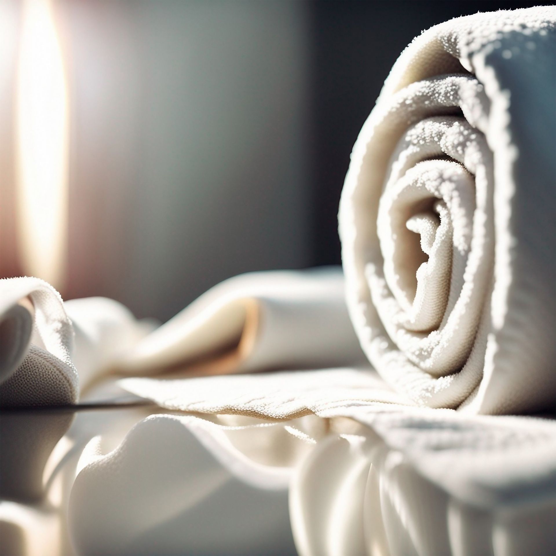 Serviettes blanches roulées sur une surface ensoleillée, avec de doux reflets et une ambiance de spa