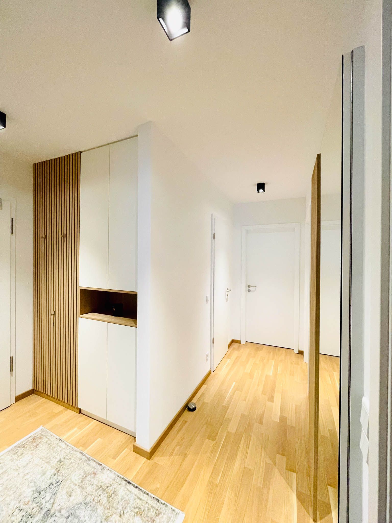 Flur mit Holzboden und weißen Wänden, Schrank und Türen. Zwei schwarze Deckenleuchten.