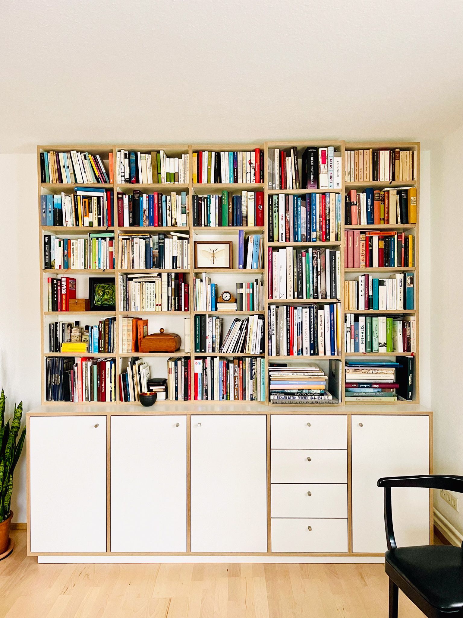 Eingebautes Bücherregal mit weißen Schränken darunter, gefüllt mit Büchern und einigen Dekorationsgegenständen.