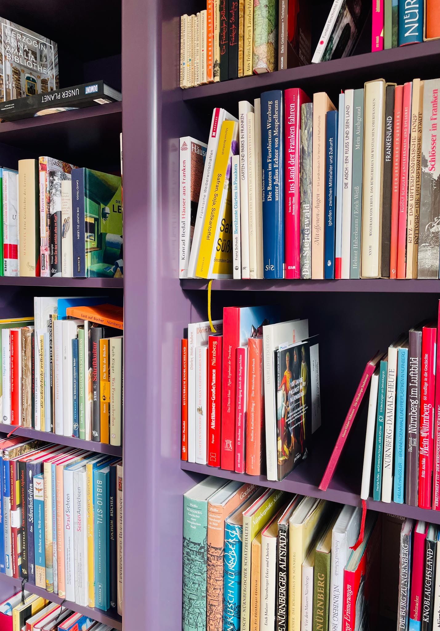 Lila Bücherregal voller bunter Bücher.