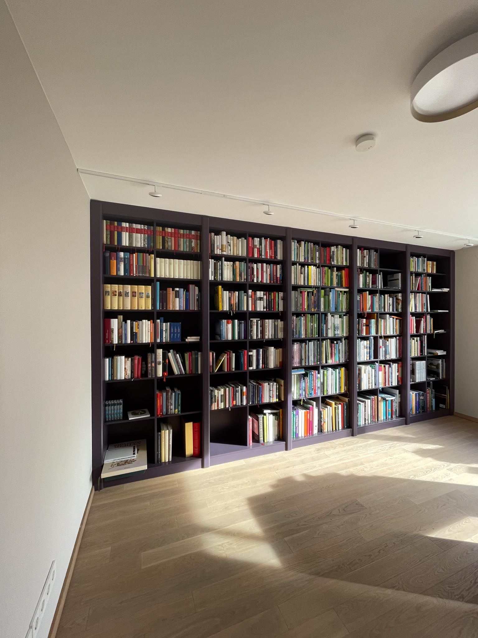 Mit Büchern gefüllte Bücherregale an einer Wand in einem Raum mit Teppichboden.