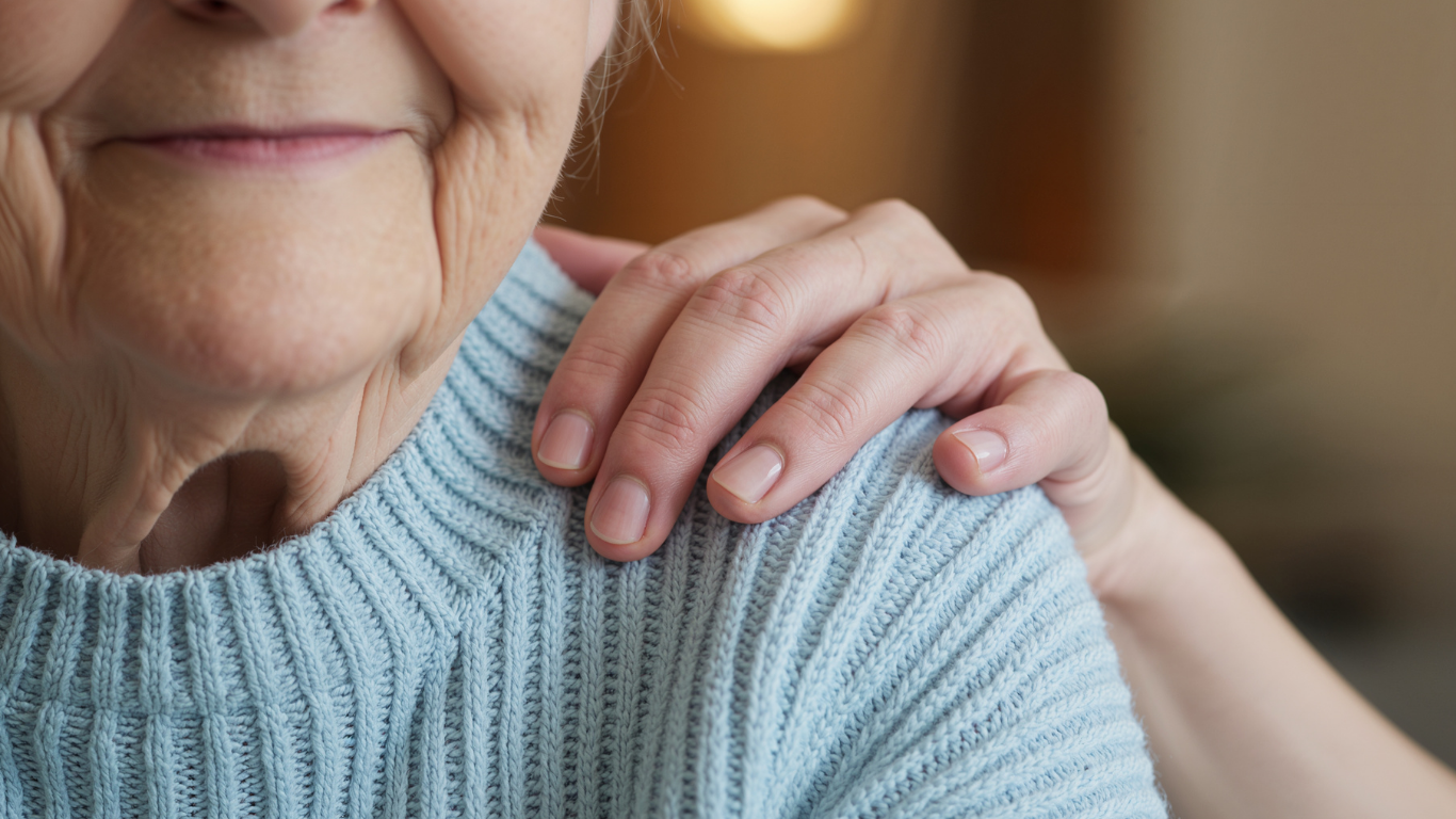 Un cuidador sonríe mientras ayuda a dos mujeres mayores en una mesa de comedor.