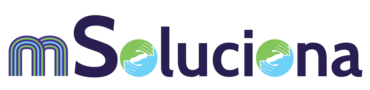 Logotipo de mSoluciona, empresa que ofrece ayuda a domicilio y servicios auxiliares para empresas. Presenta una "m" azul y "Soluciona" con esferas similares a la Tierra.