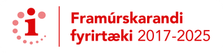 Merki með rauðum litlum 'i' umkringdum punktum, við hliðina á textanum