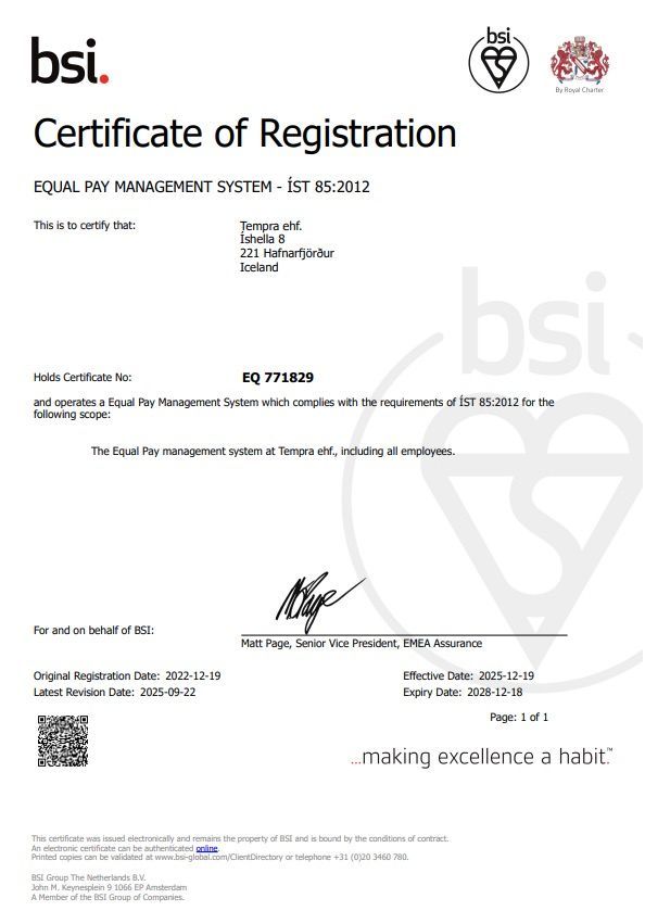 Skráningarvottorð BSI fyrir Equi-Fan Management Ltd, gefið út fyrir gæðastjórnunarkerfið ISO 9001:2015.