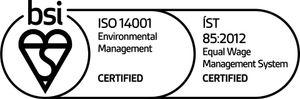 BSI merki sem gefur til kynna vottun fyrir ISO 14001 umhverfisstjórnun og ÍST 85:2012 jafnlaunastjórnunarkerfi.