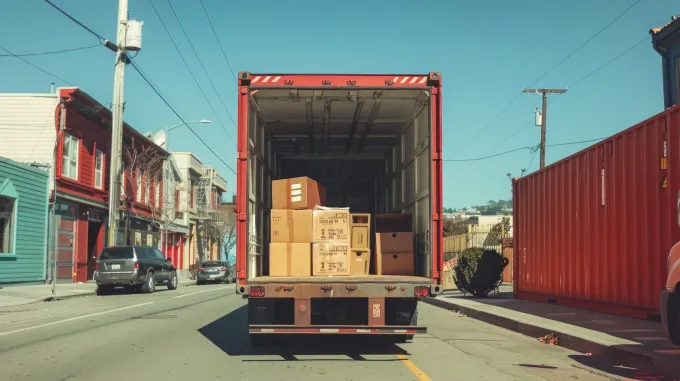 Un camión cargado de cajas de cartón circula por una calle de la ciudad junto a contenedores de transporte rojos.