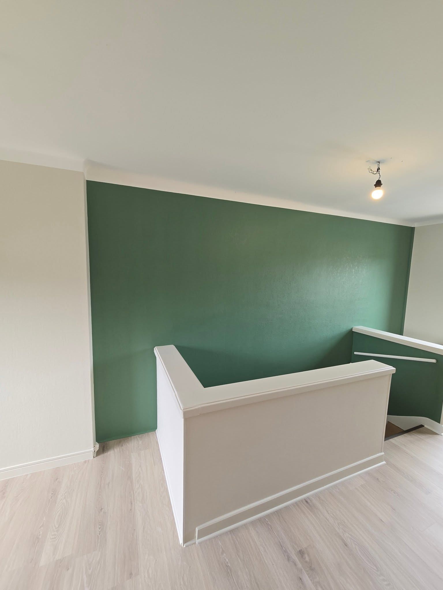 Pièce vide avec un mur d’accent vert foncé, une rambarde blanche et un parquet clair