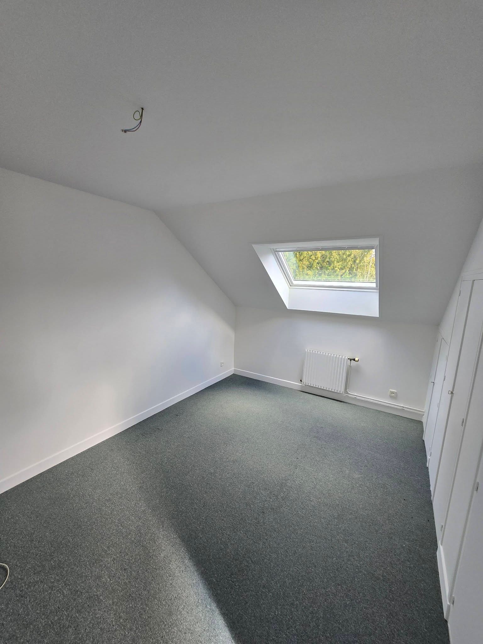 Pièce mansardée vide avec une moquette grise, des murs blancs et un velux.