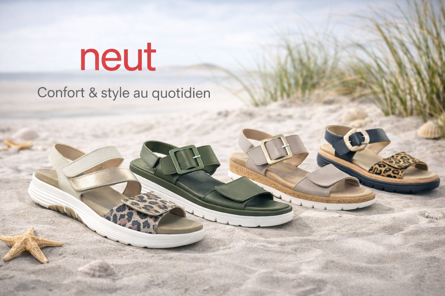 Publicité pour des sandales Neut avec quatre sandales pour femmes sur le sable, le texte « Confort et style au quotidien » et des accents de coquillages.