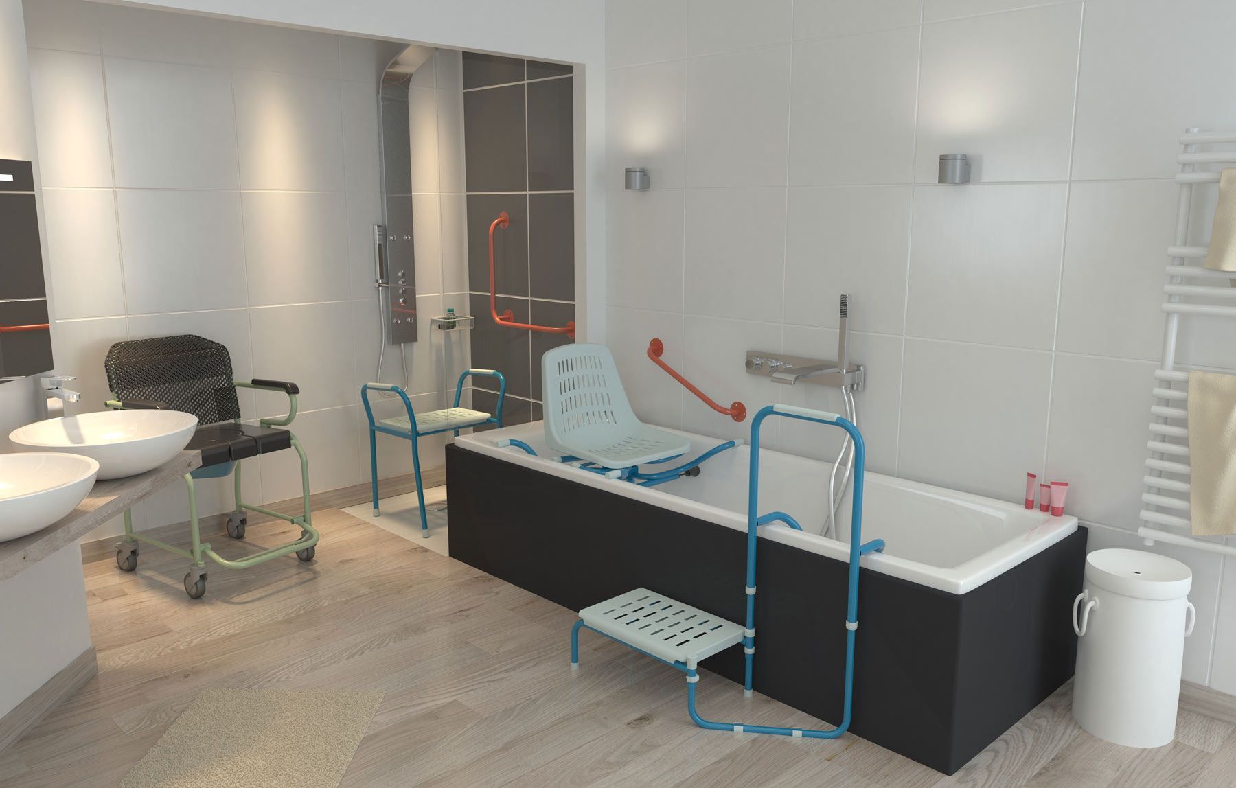 Salle de bains aménagée pour les personnes à mobilité réduite avec différents appareils de maintien