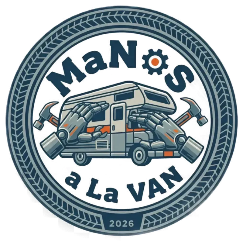 Logotipo circular de MaNOS a La VAN con una furgoneta gris y herramientas, bordeado por la banda de rodadura de un neum&aacute;tico, &ldquo;2026&rdquo; en la parte inferior.