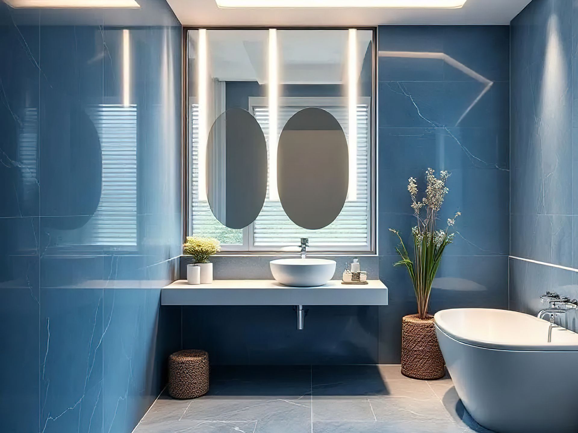 Salle de bains avec vasque, meuble, miroirs