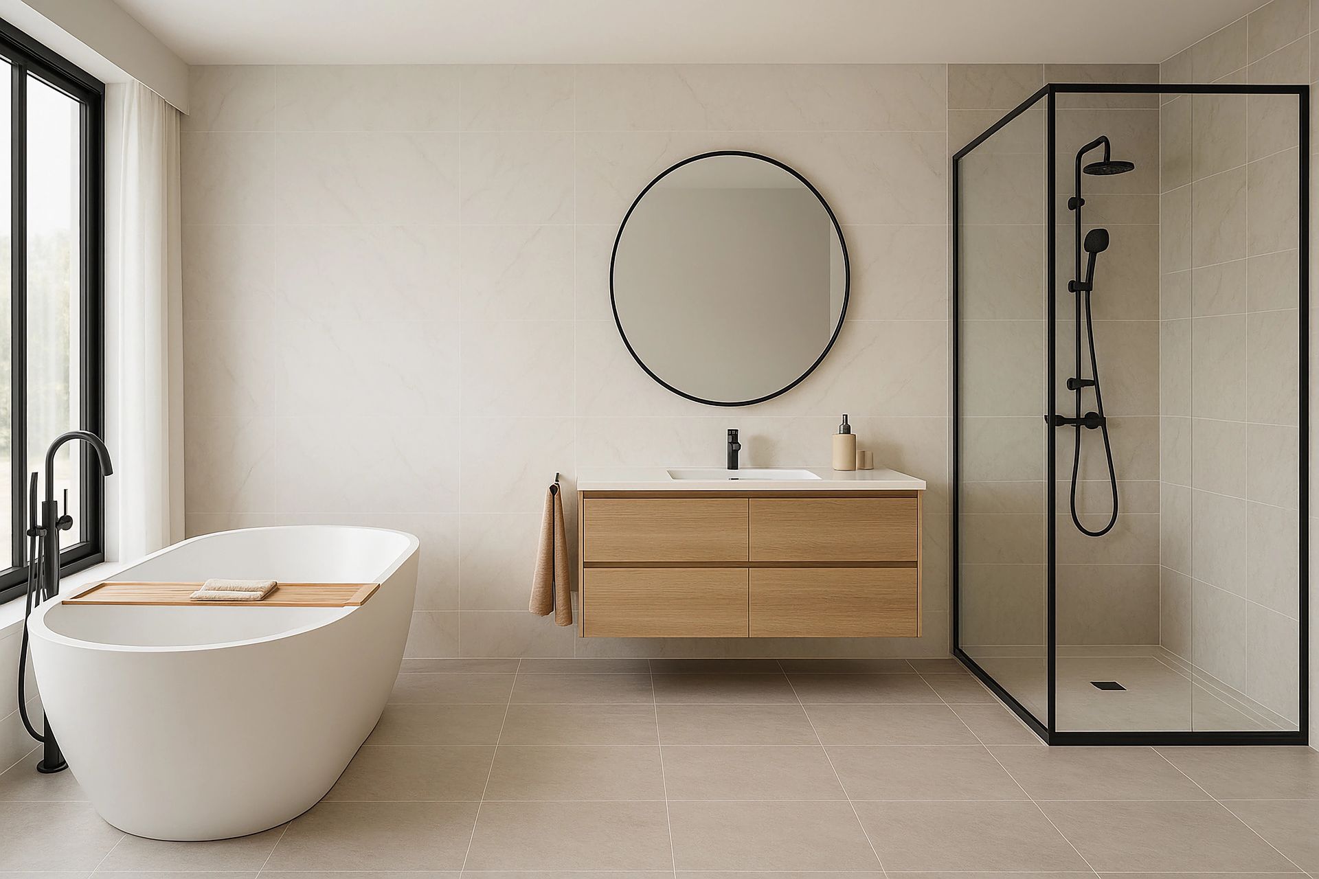 Salle de bains avec douche et baignoire