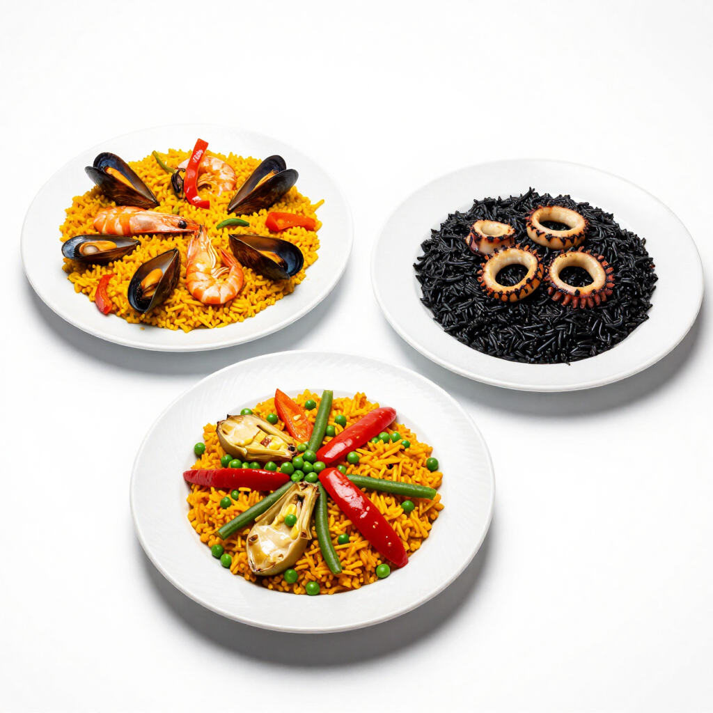 Tres paellas de marisco emplatadas, una con arroz negro y aros de calamar, sobre un fondo blanco.