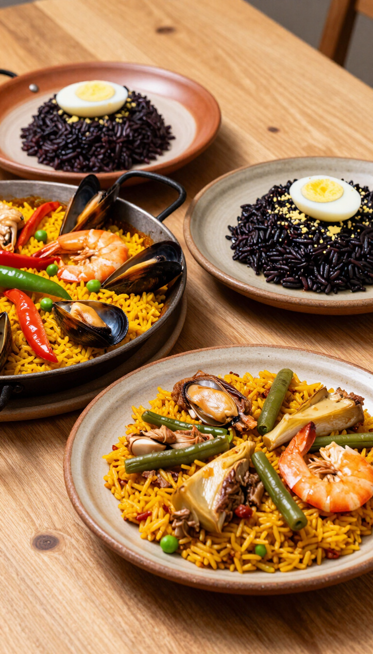 Tres platos de arroz con camarones y verduras servidos en una mesa de madera, además de cuencos de arroz negro con huevo encima.
