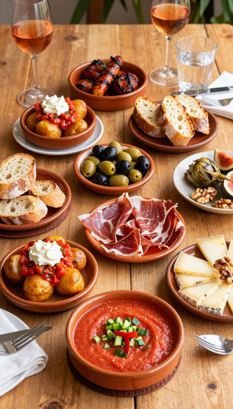 Variedad de tapas y embutidos sobre una mesa rústica, con copas de vino y pequeños cuencos de aceitunas, pan y salsas.