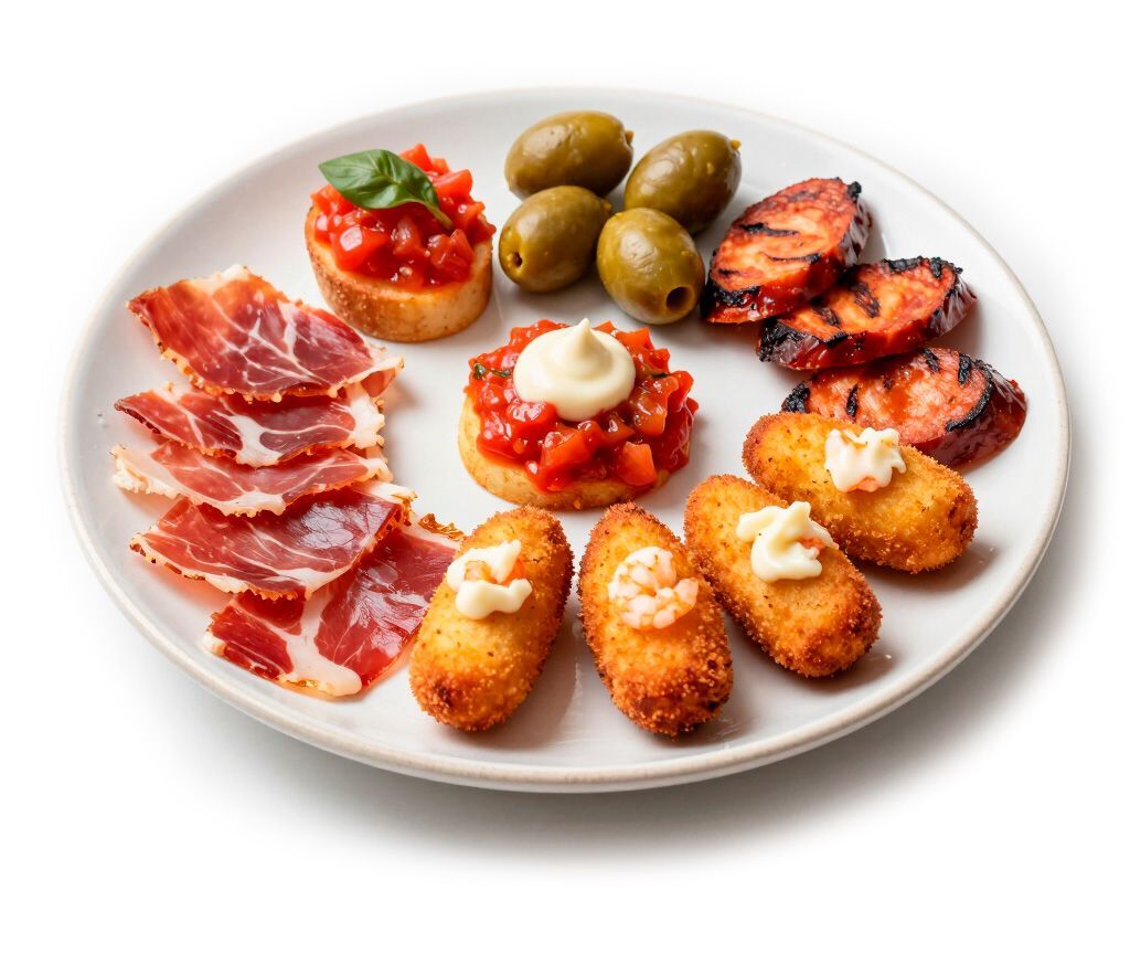 Tapas variadas en un plato blanco: jamón, aceitunas, bocaditos de tomate, croquetas fritas y pulpo a la plancha.