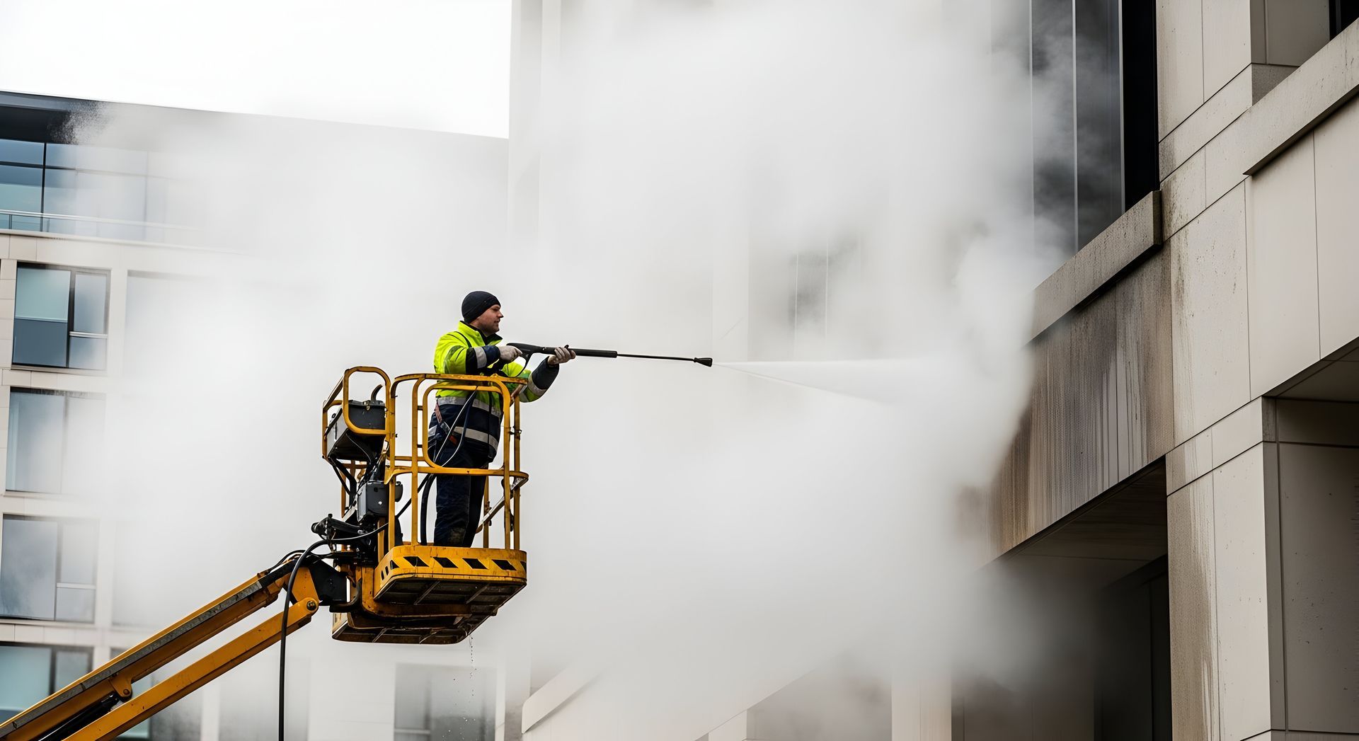Un homme en combinaison haute visibilité sur une plate-forme élévatrice nettoie sous pression l'extérieur d'un bâtiment.