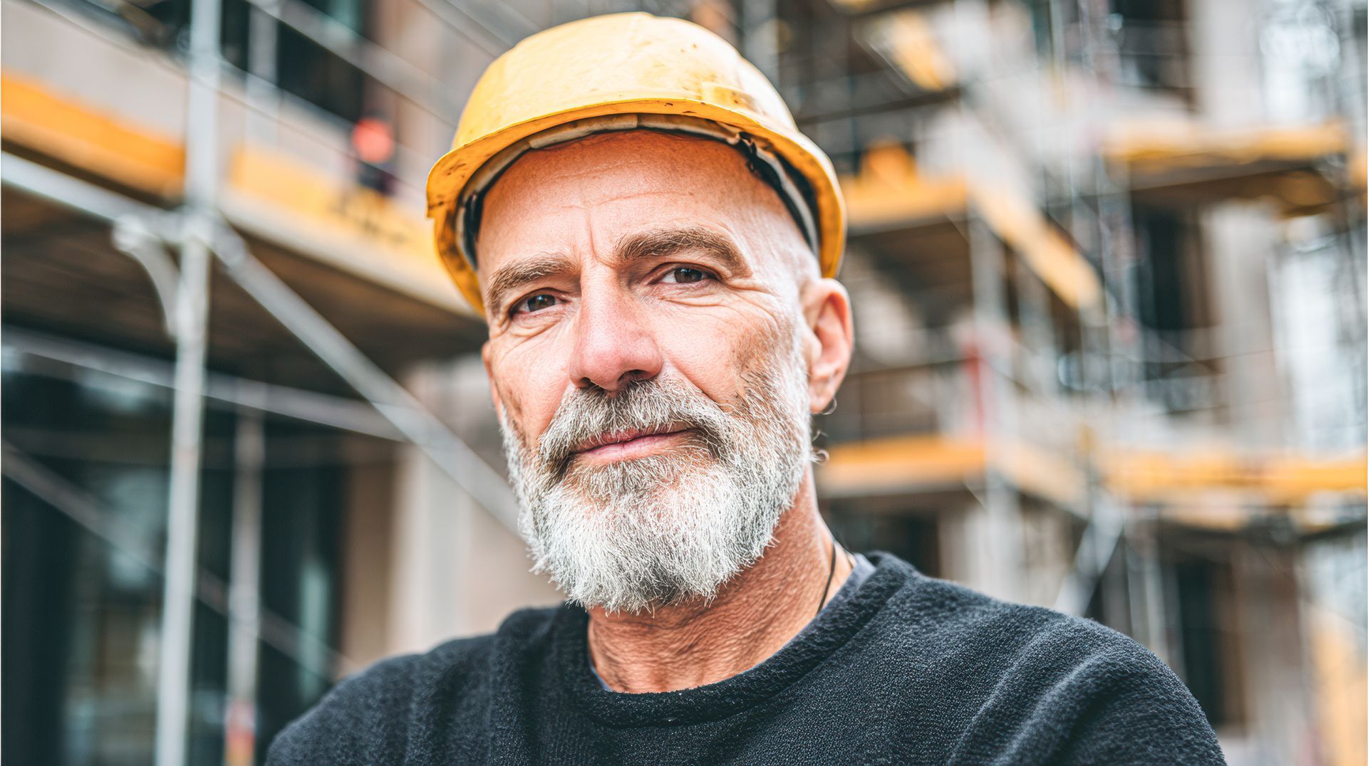Homme portant un casque de chantier jaune, barbe grise, regardant la caméra, chantier de construction en arrière-plan.