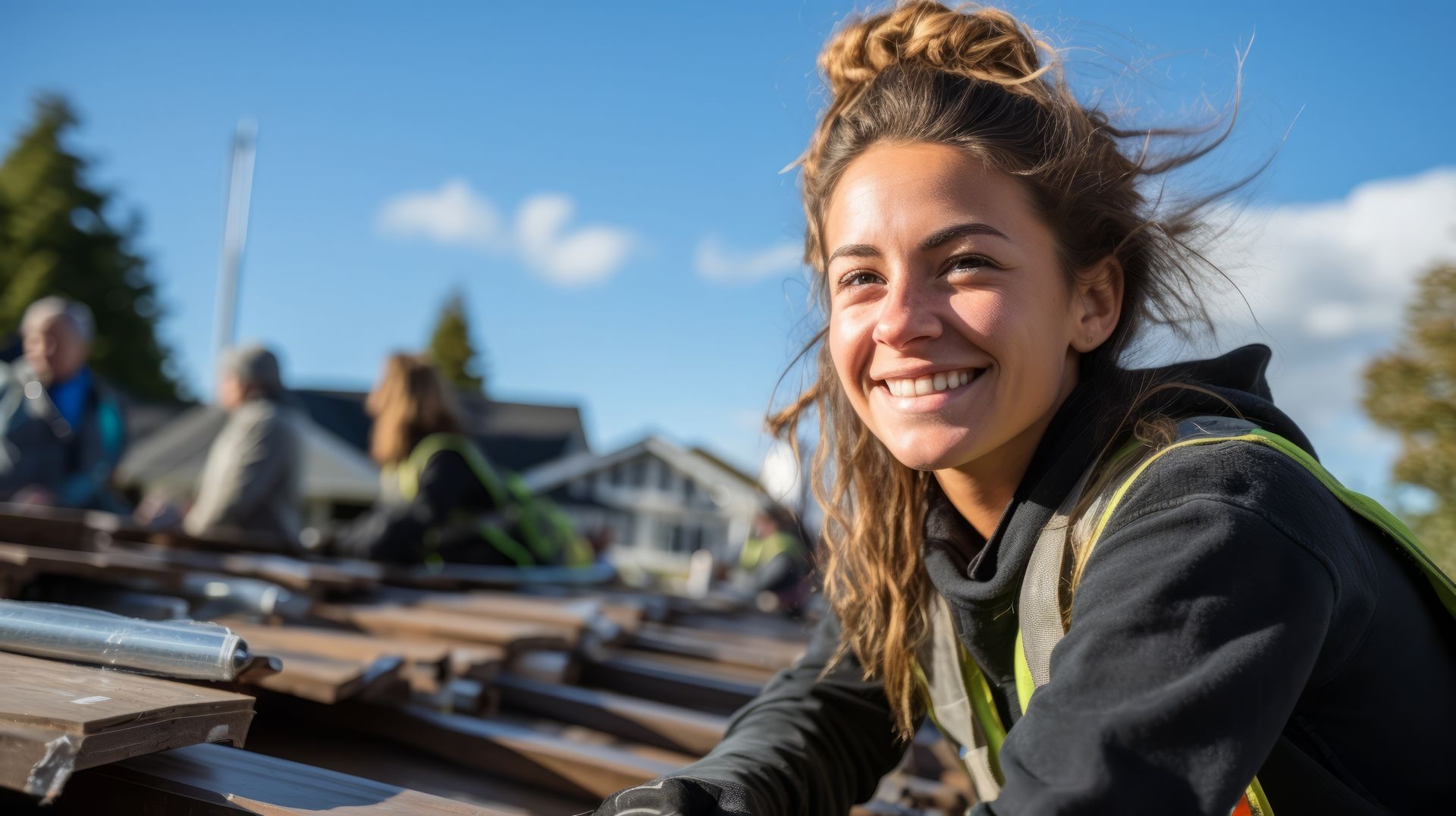 Une femme sourit en travaillant avec d'autres personnes sur un chantier de construction sur un toit, sous un ciel bleu.