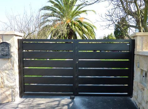 Una puerta negra con una palmera al fondo.