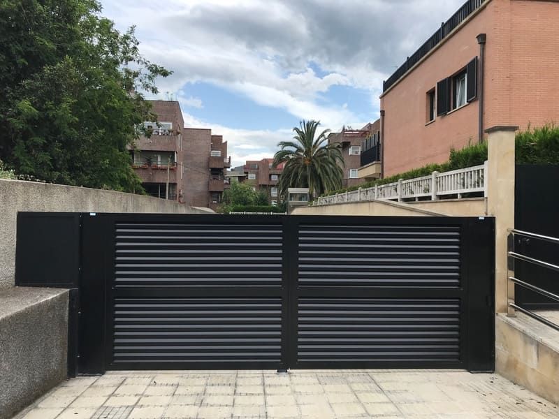 Una puerta negra con una palmera al fondo.
