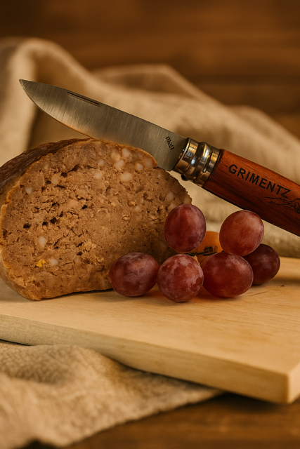 Saucisse, raisins et couteau sur une planche de bois avec un fond en tissu.