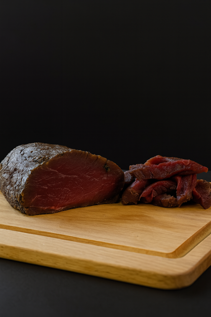 Charcuterie tranchée sur une planche à découper en bois, avec un fond sombre.