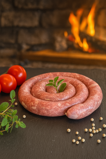 Plateau de viandes et légumes grillés, incluant saucisses, bacon et tomates.