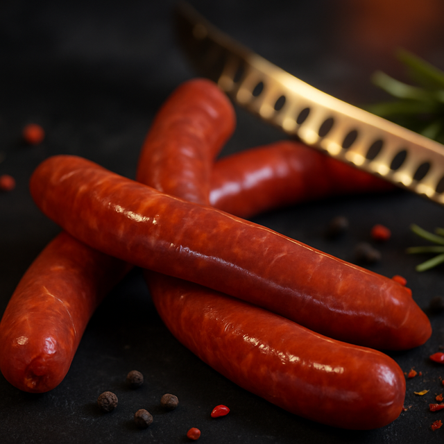 Saucisses rouges sur une surface sombre, avec un couteau et des épices.