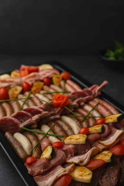 Plateau de saucisses grillées, bacon, tomates et courgettes. Fond sombre.